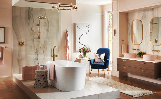 A bathroom with warm colors