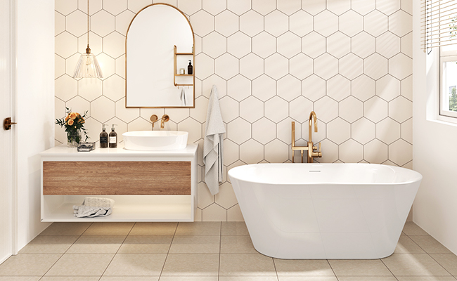 A bathroom with a white bathtub 