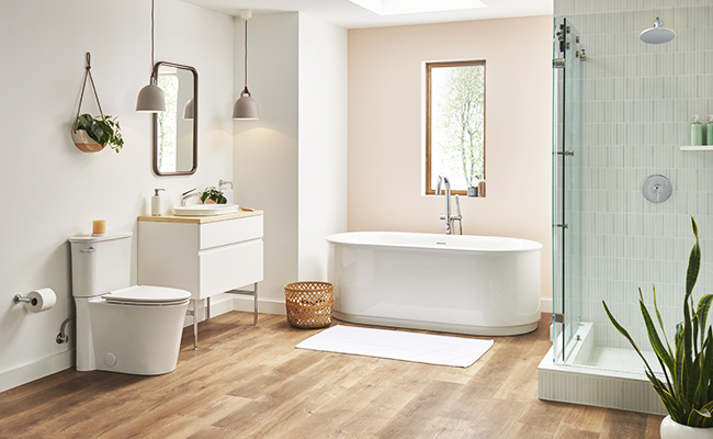 Complete bathroom with a round toilet