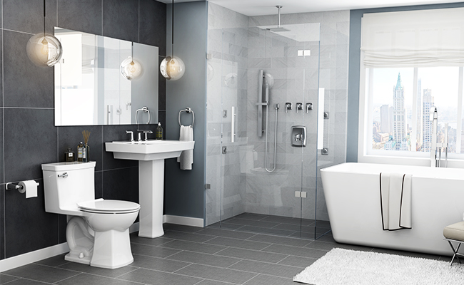 Complete bathroom with a two-piece toilet