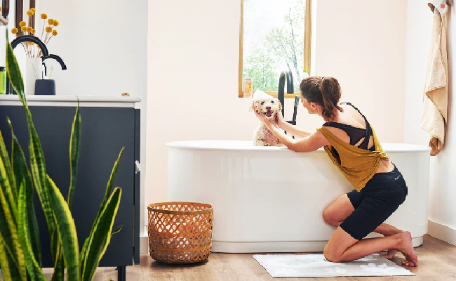A bathroom with a bath