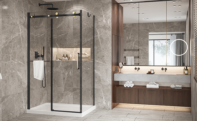 Bellini corner sliding shower door, black and gold