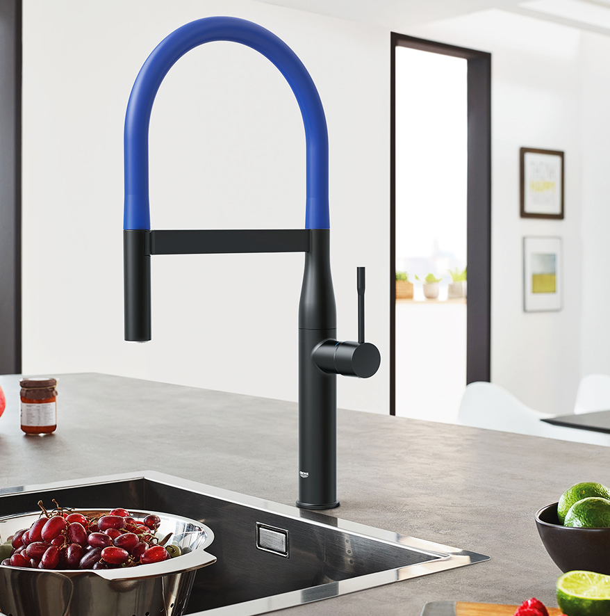 A black matte and blue kitchen faucet