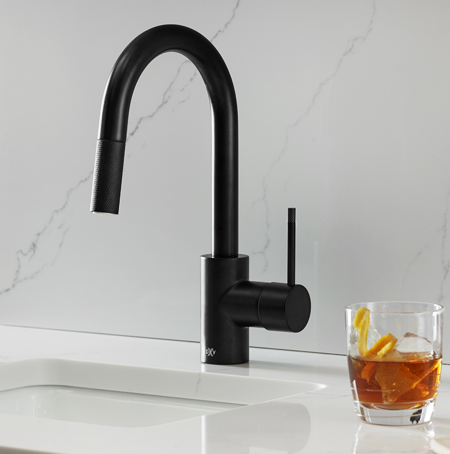 A matte black kitchen faucet