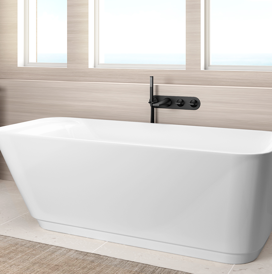 A bathtub with a black matte faucet