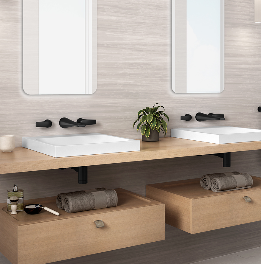 A double vanity with a black matte faucet