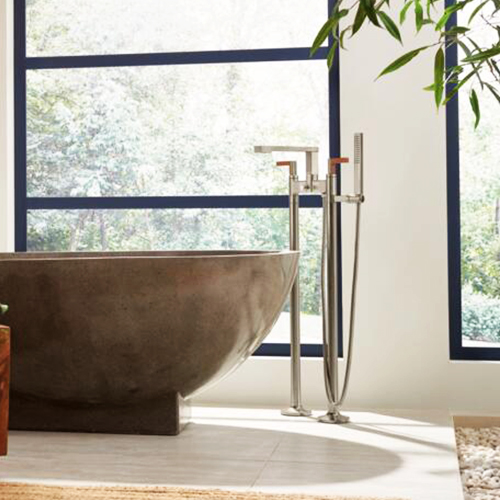 Floor-mount faucet in the collection Frank Lloyd Wright® de BrizoMD, Brilliance® Luxe Nickel / Wood 