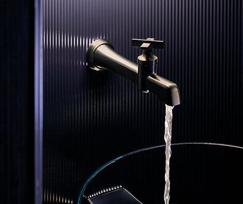 Shower system in the collection Frank Lloyd Wright® of BrizoMD and a raincan shower head with integrated lighting, Brilliance® Nickel Poli / Wood