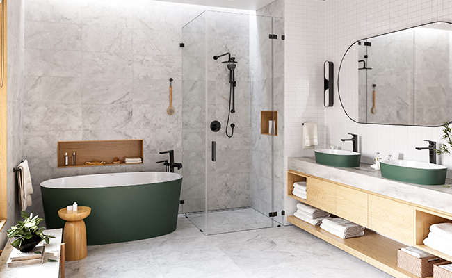 Complete bathroom with olive green bathtub and faucets from the ODE collection by Riobel demonstrating the RAL finish trend