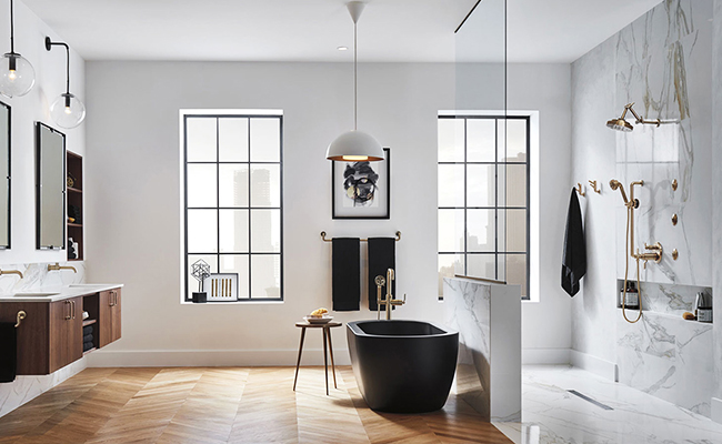 High-end bathroom with Litze faucets from BrizoMD demonstrating the Italian shower trend