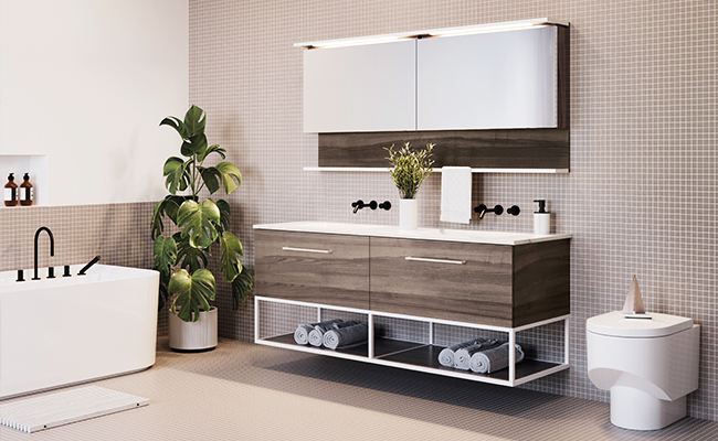 High-end bathroom with white Fuzion vanity from Vanico-Maronyx demonstrating the freestanding vanity trend