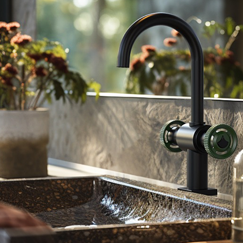 Bathroom faucet from the LaSalle collection by Rubinet in a matte black finish with olive green wheel-type handles