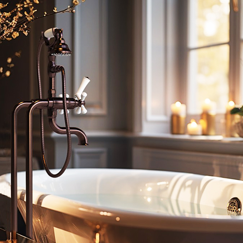 Bathtub filler from the Flemish collection by Rubinet with a bronze and white finish