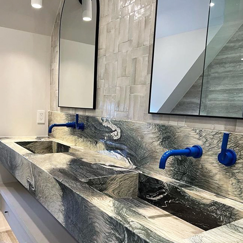 Wall-mounted sink faucet from the LaSalle collection by Rubinet in denim blue finish