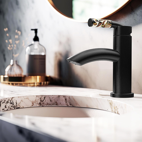 Lavatory faucet from the H20 collection in matte black finish with the Rubinet autumn finish handle