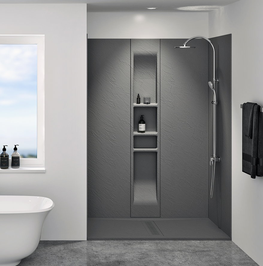 Zitta gray Slate shower base demonstrating the Italian shower trend