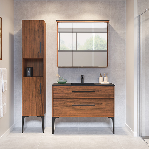 Vanico-Maronyx Cubik Quadra legged vanity enhanced with black metallic accents.