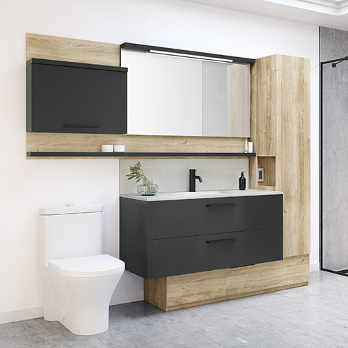 Duo vanity with quartz countertop, spacious drawers and multifunctional linen cabinet from Vanico-Maronyx