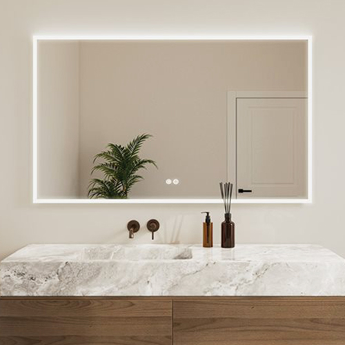 Rectangular Halo mirror with high-efficiency LED lighting with anti-fog and dimmer from Fleurco