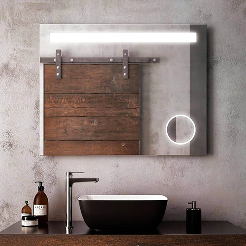 Emblem rectangular mirror with LED lighting, frosted strip, 3X magnifying mirror and 2-tone touch switch from Kalia
