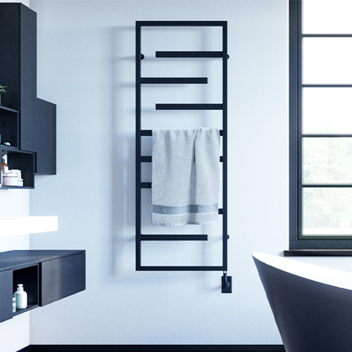 Vasto towel warmer from the Tuzio collection by ICO Bath with a matte black finish