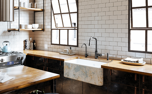 Country-style kitchen with a Shaw fireclay sink and Rohl CampoTM kitchen faucets