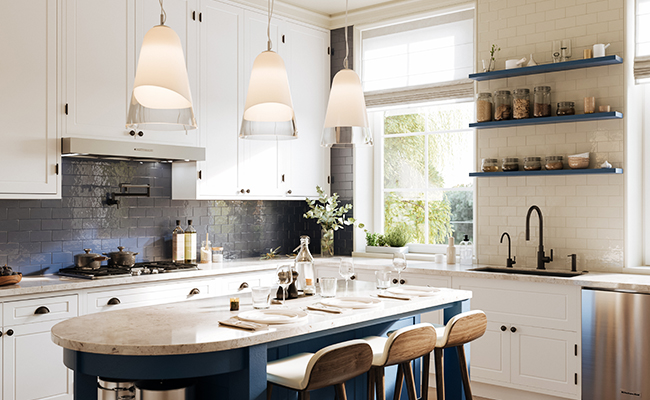 Complete kitchen with matte black faucets, undermount sink and matte black pot filler