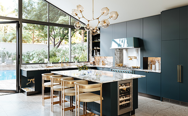 Complete Culinario kitchen with gold finish faucets, undermount sink and gold finish pot filler from Rohl