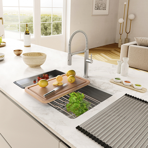 Franke Pescara undermount kitchen sink with single rectangular bowl.