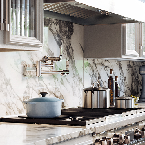 Perrin & Rowe wall-mounted pot filler faucet in chrome finish