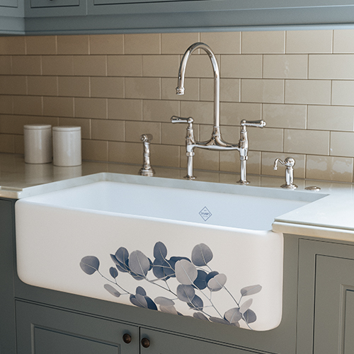 Lancaster Farmhouse Fireclay Single Bowl Kitchen Sink with Shaw Eucalyptus Apron and Perrin & Row Georgian Era Kitchen Faucet with Side Spray