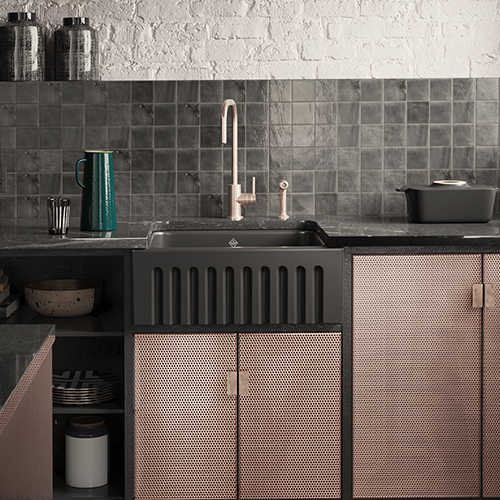 Farmhouse Lancaster Single Bowl Fireclay Kitchen Sink with Shaw Gold Metallic Apron and Perrin & Row Georgian Era Kitchen Faucets