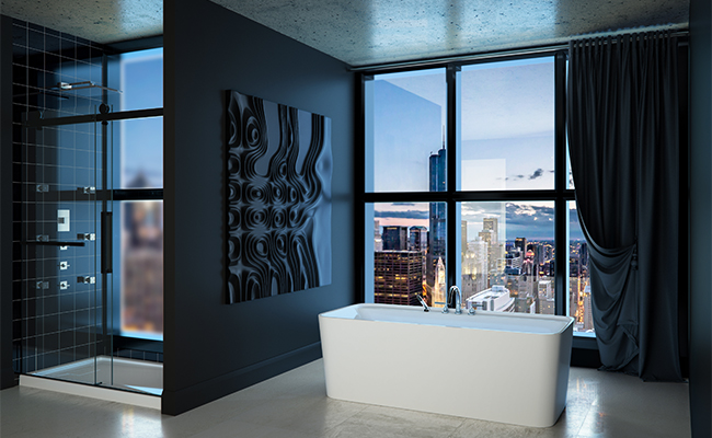 Complete bathroom, including the freestanding bathtub from the Cologne collection by Produits Neptune in a white finish