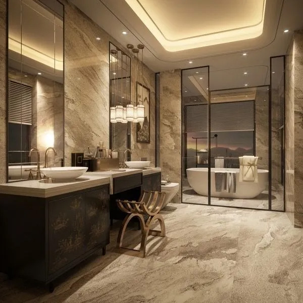 Modern bathroom showcasing the hottest design trends, featuring sleek fixtures, a freestanding bathtub, and stylish tilework.