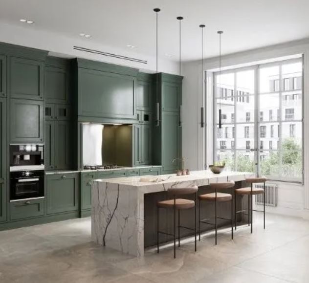 Modern kitchen illuminated by stylish pendant lights, enhancing the space with warmth and elegance.