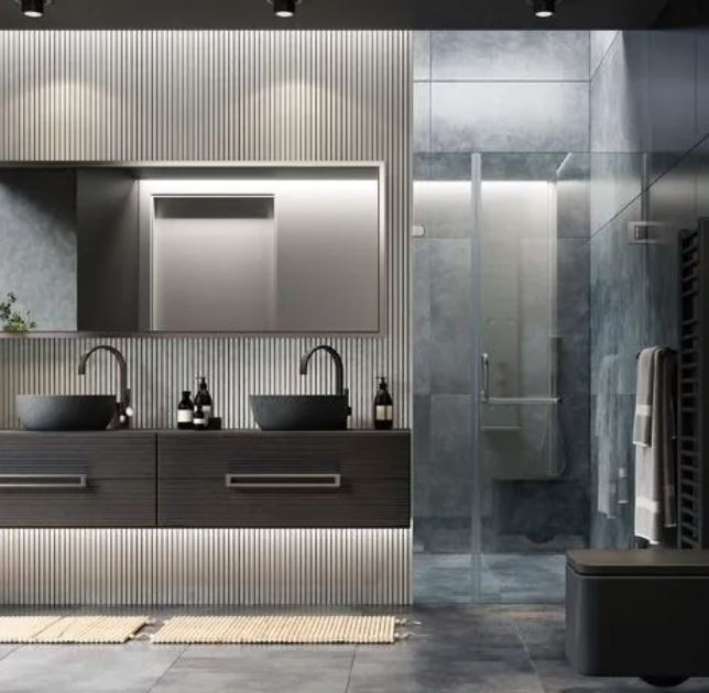 Luxury bathroom showcasing the latest design trends, including modern fixtures, elegant finishes, and spa-like elements.