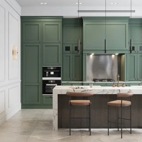 Modern kitchen interior with green wall