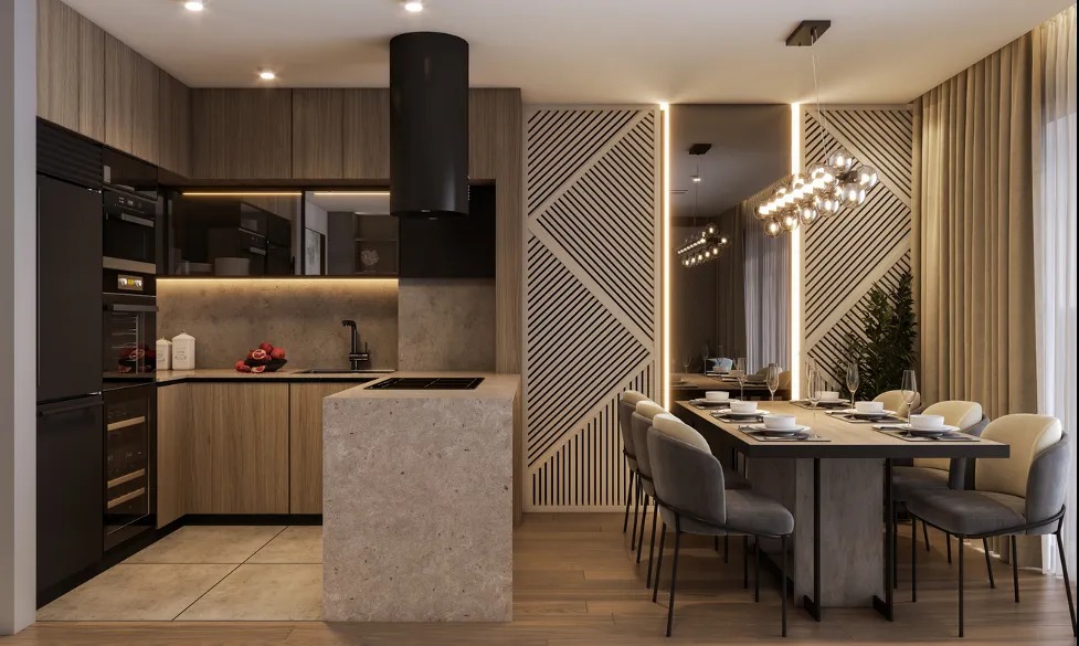 Modern kitchen serving as a multifunctional space for dining work and entertainment