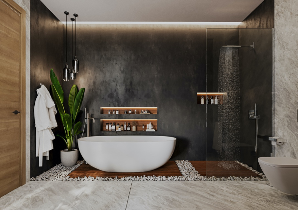 Dream bathroom with dark wall and white freestanding tub