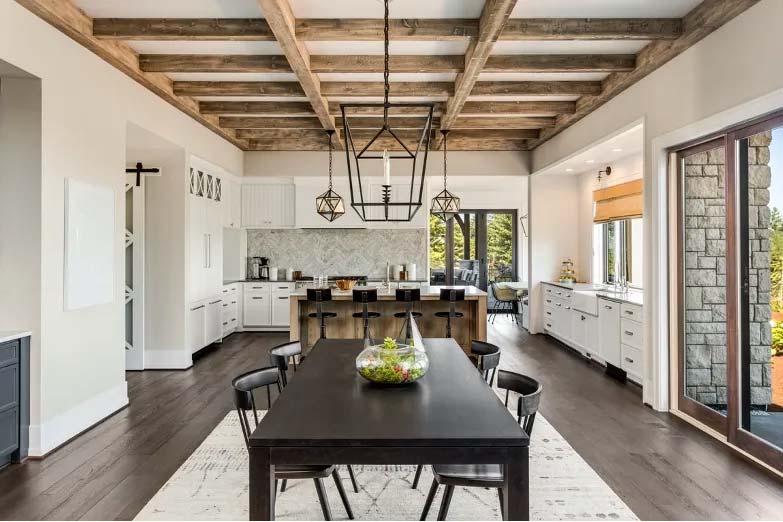 Rustic dining room with wood beams on the ceiling