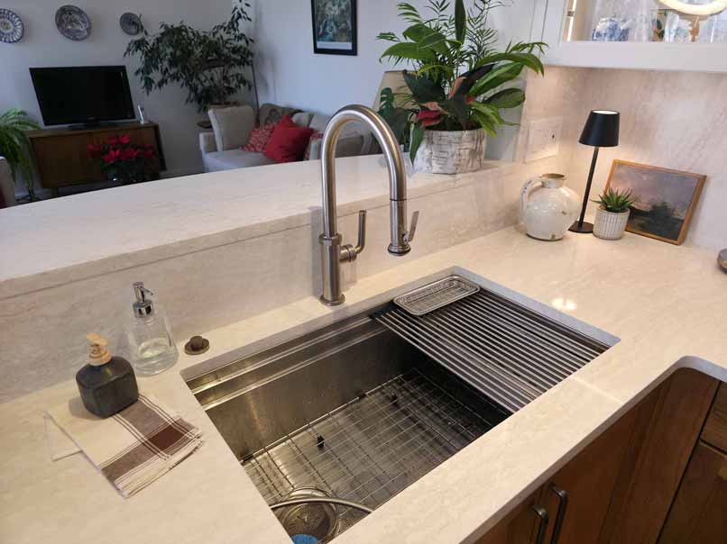 Kitchen sink area with undermount stainless steel sink, pull-down faucet, white quartz countertop, and view into adjacent living space with plants and furniture.