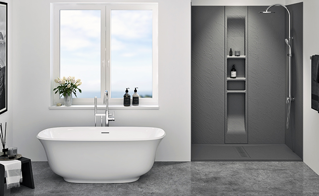 Une salle de bain blanche et grise avec baignoire