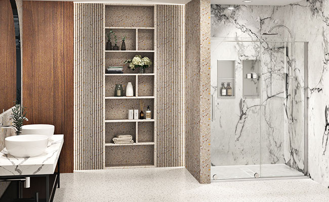 Une salle de bain avec deux lavabos et une douche