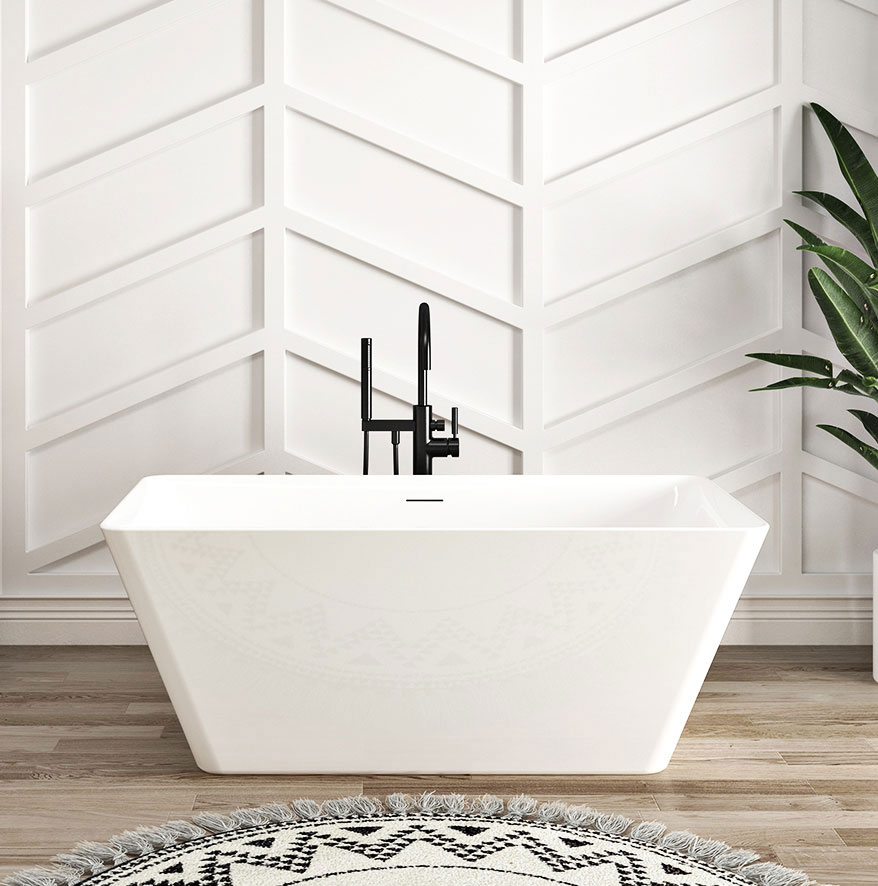 A bathroom with a white bathtub with rounded curves