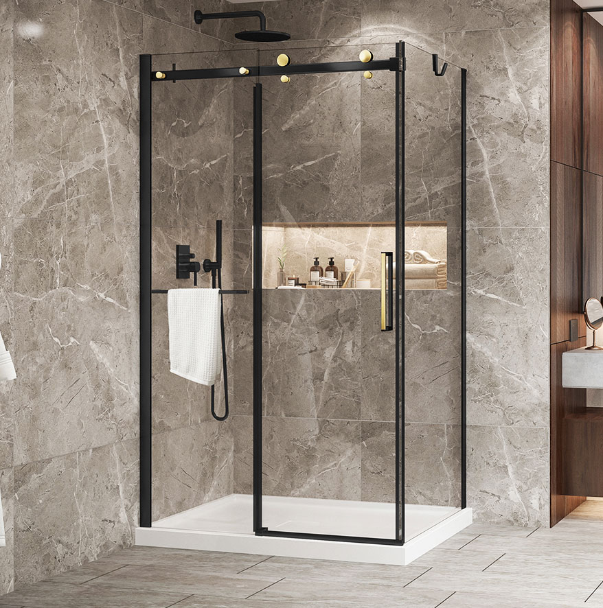 Shower in bathroom with shower doors and shower base