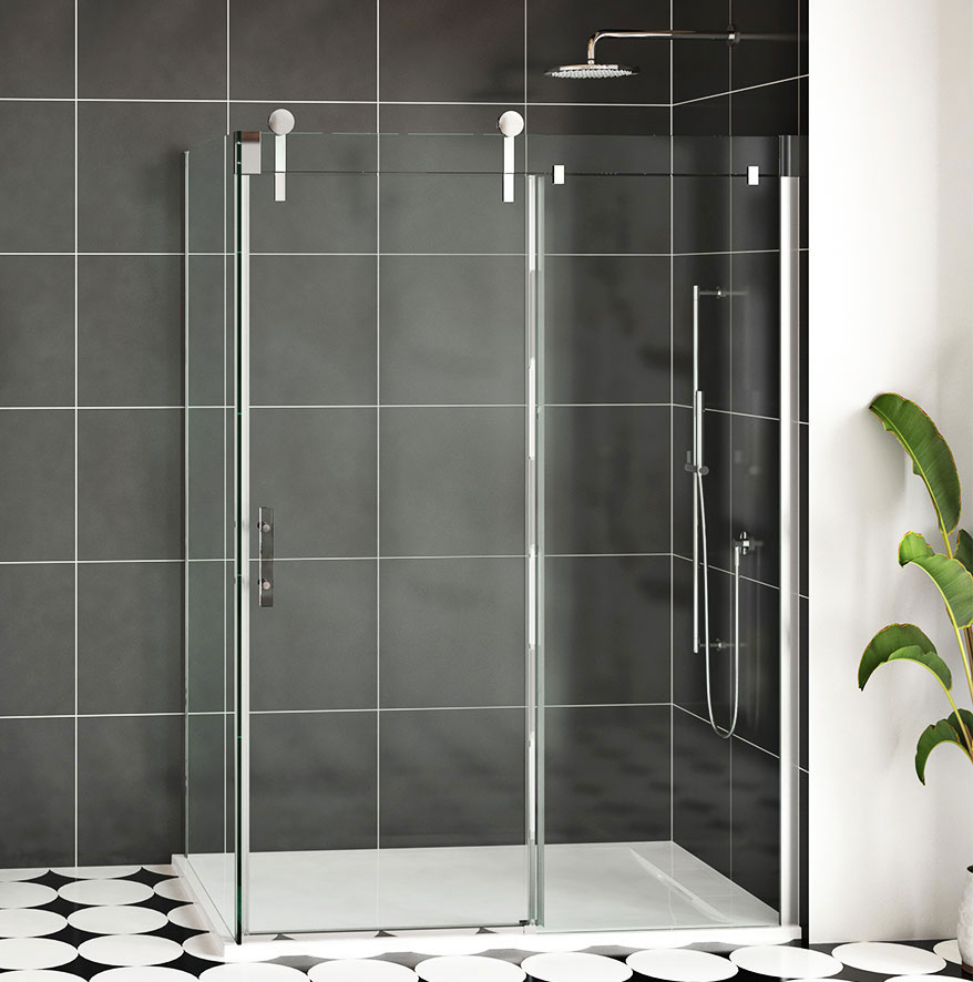 Shower in black and white bathroom