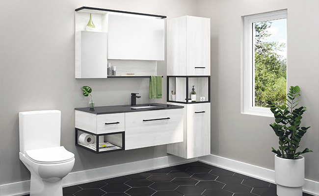 Single wall-hung vanity with off-centre sink and Fuzion Dynamic Metal linen cabinet