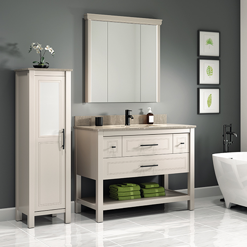 Rendez-vous console and linen cabinet with medicine cabinet mirror, sink, backsplash, built-in cabinet with integrated LED lighting and half linen cabinet