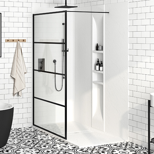Zitta black shower screen with base and white Slate shower wall