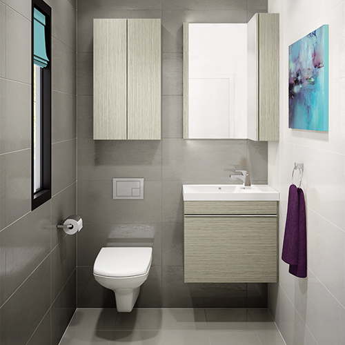 Mini Studio vanity with mirror with integrated LED lighting, side medicine cabinet and auxiliary medicine cabinet above the toilet.
